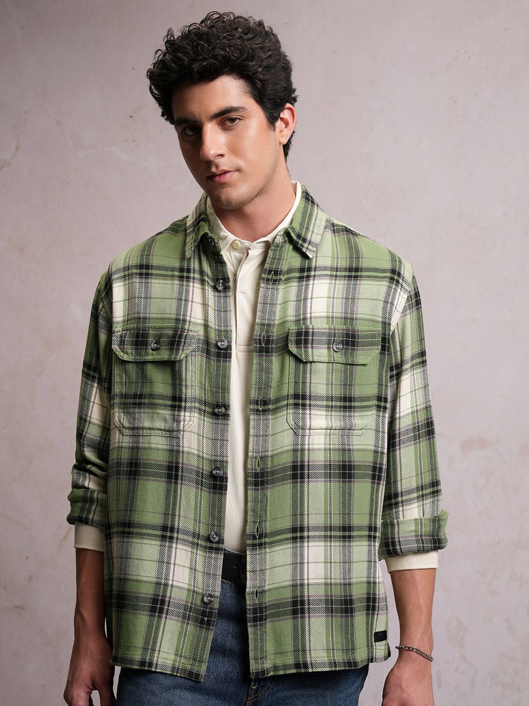 LOCOMOTIVE Textured Checked Utility Pocket Overshirt