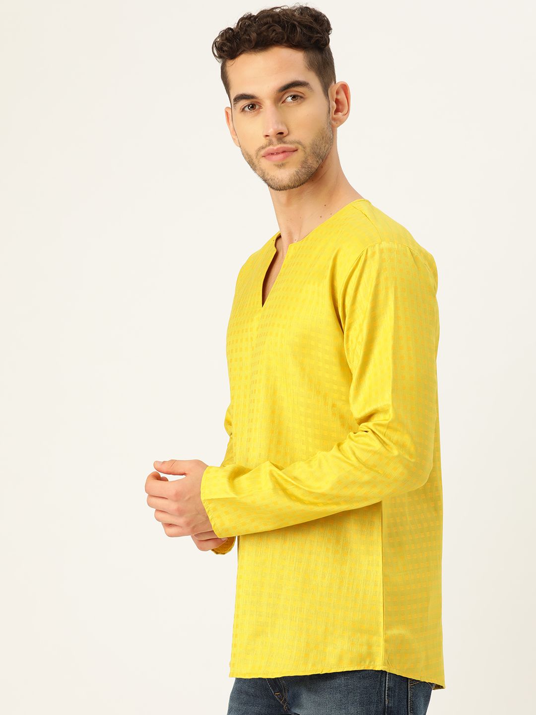SOJANYA Lelaki Lime Green & Mustard Yellow Woven Design Kurta Lurus
