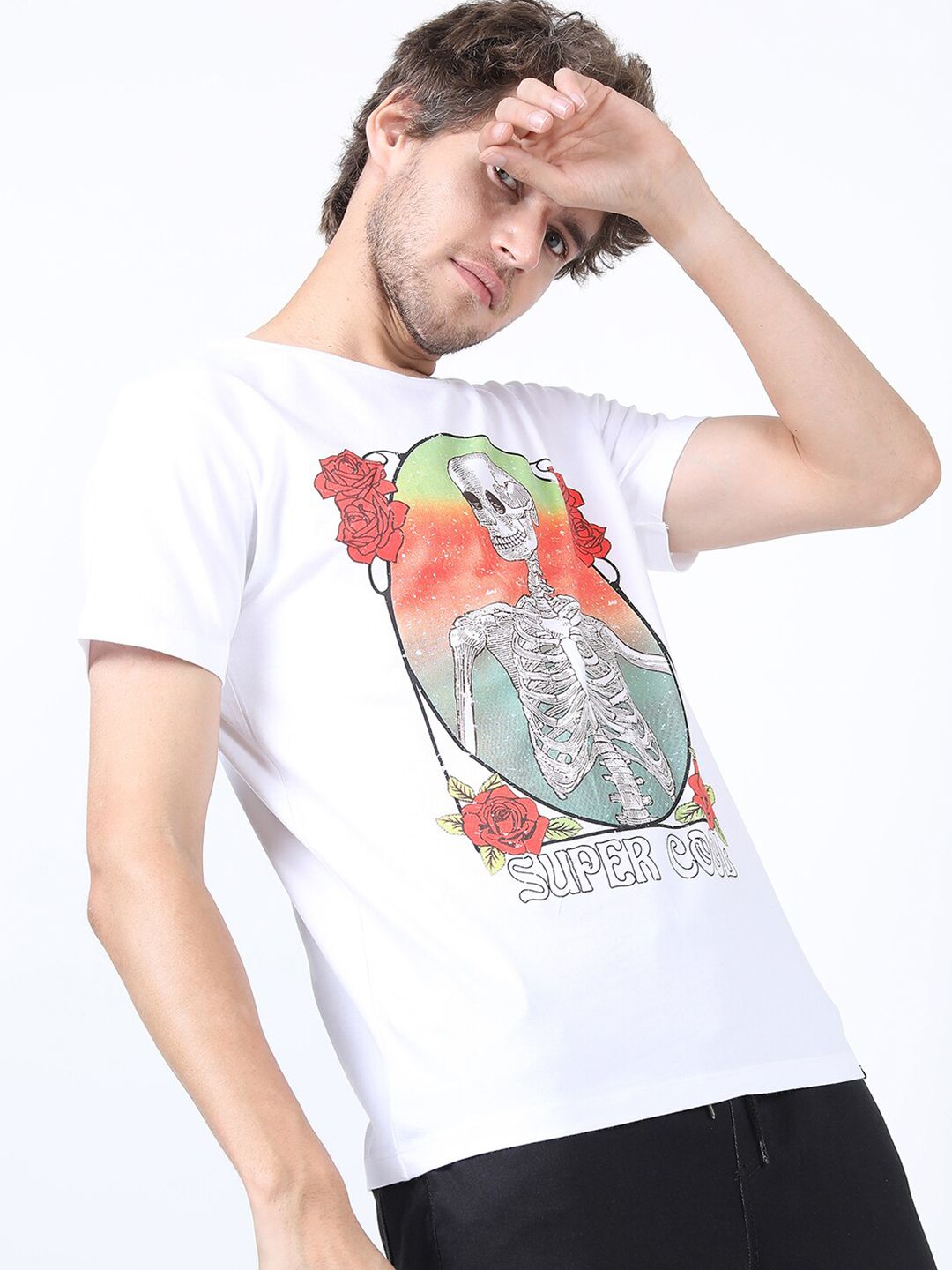 HIGHLANDER Men White & Pink Printed Slim Fit Cotton T-shirt
