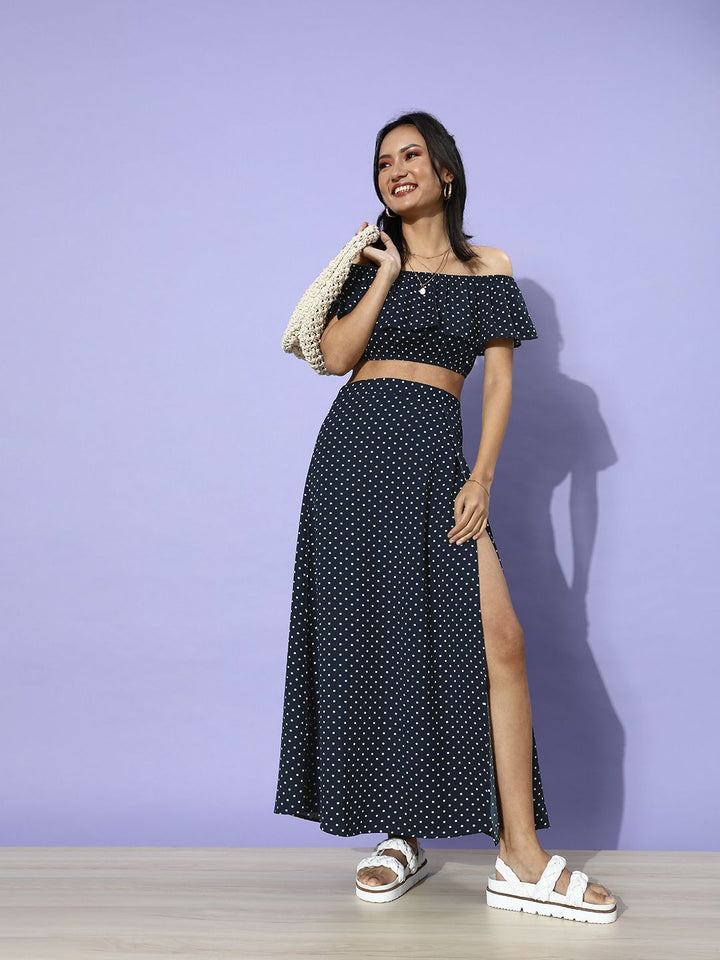 Berrylush Women Navy Blue Polka Dotted Co-Ord Dress