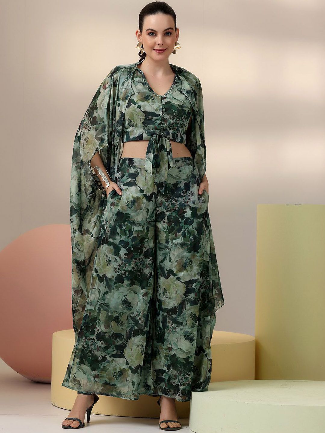 Libas Floral Printed V-Neck Top & Palazzo With Shrug