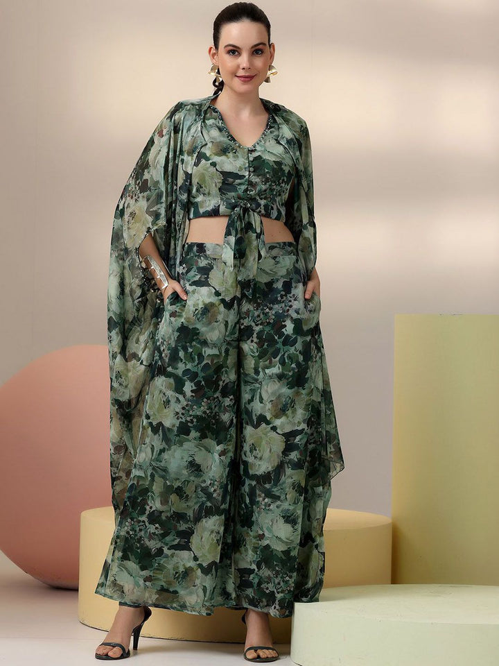 Libas Floral Printed V-Neck Top & Palazzo With Shrug
