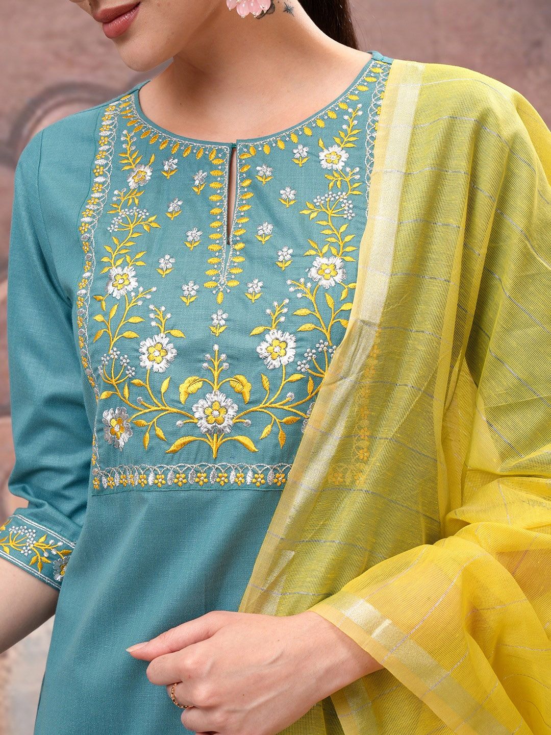 Vishudh Turquoise Blue Embroidered Straight Kurta with Palazzo & Dupatta