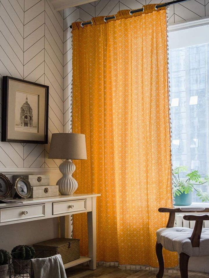 URBAN SPACE Boho Yellow & White Geometric Printed Cotton Long Door Curtain