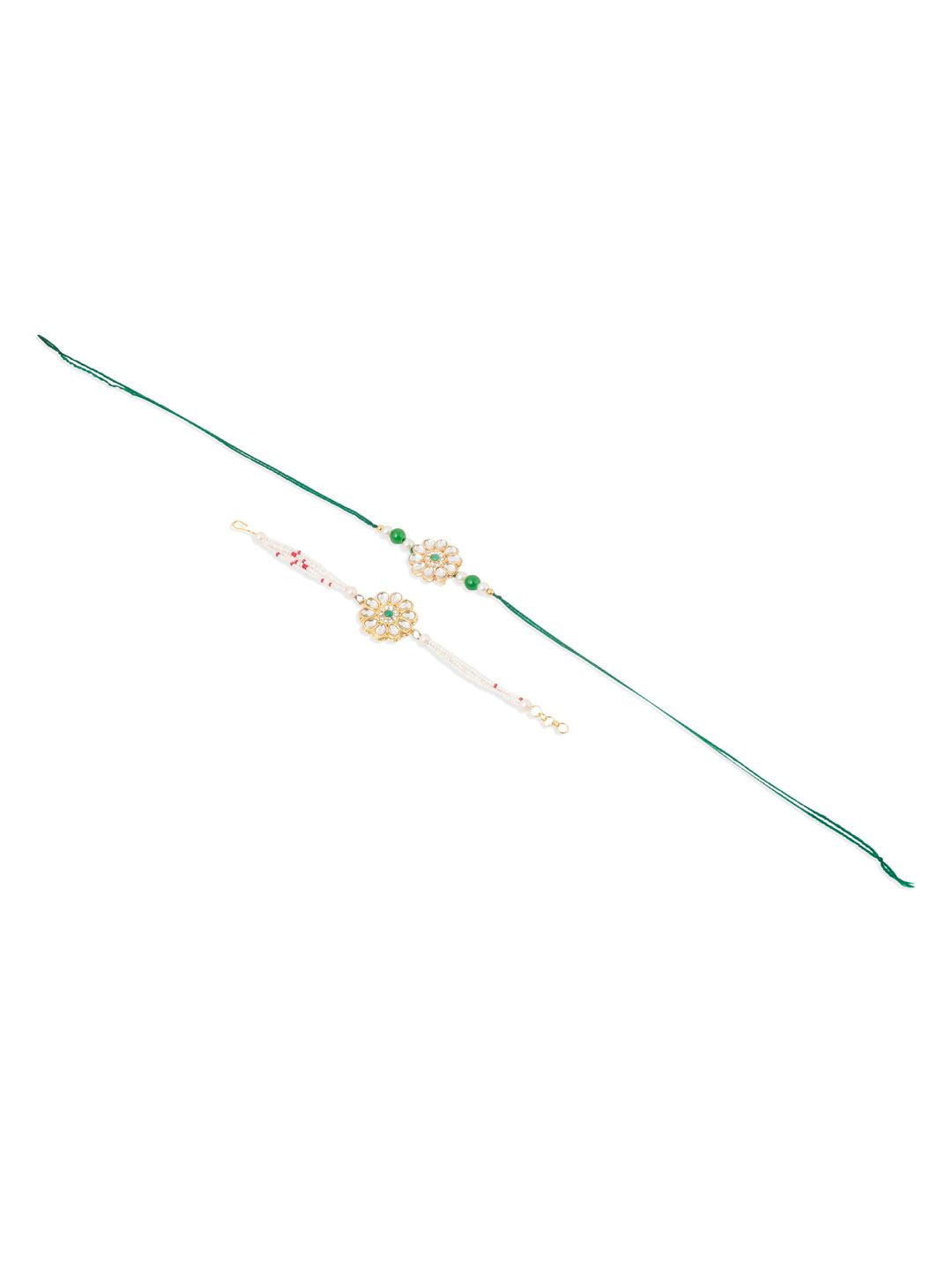 NVR Set of 2 Kundan Studded Gold Toned Bhaiya Bhabhi Rakhi Set with Roli Chawal