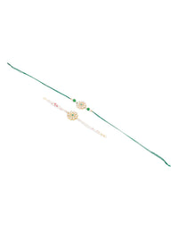 NVR Set of 2 Kundan Studded Gold Toned Bhaiya Bhabhi Rakhi Set with Roli Chawal