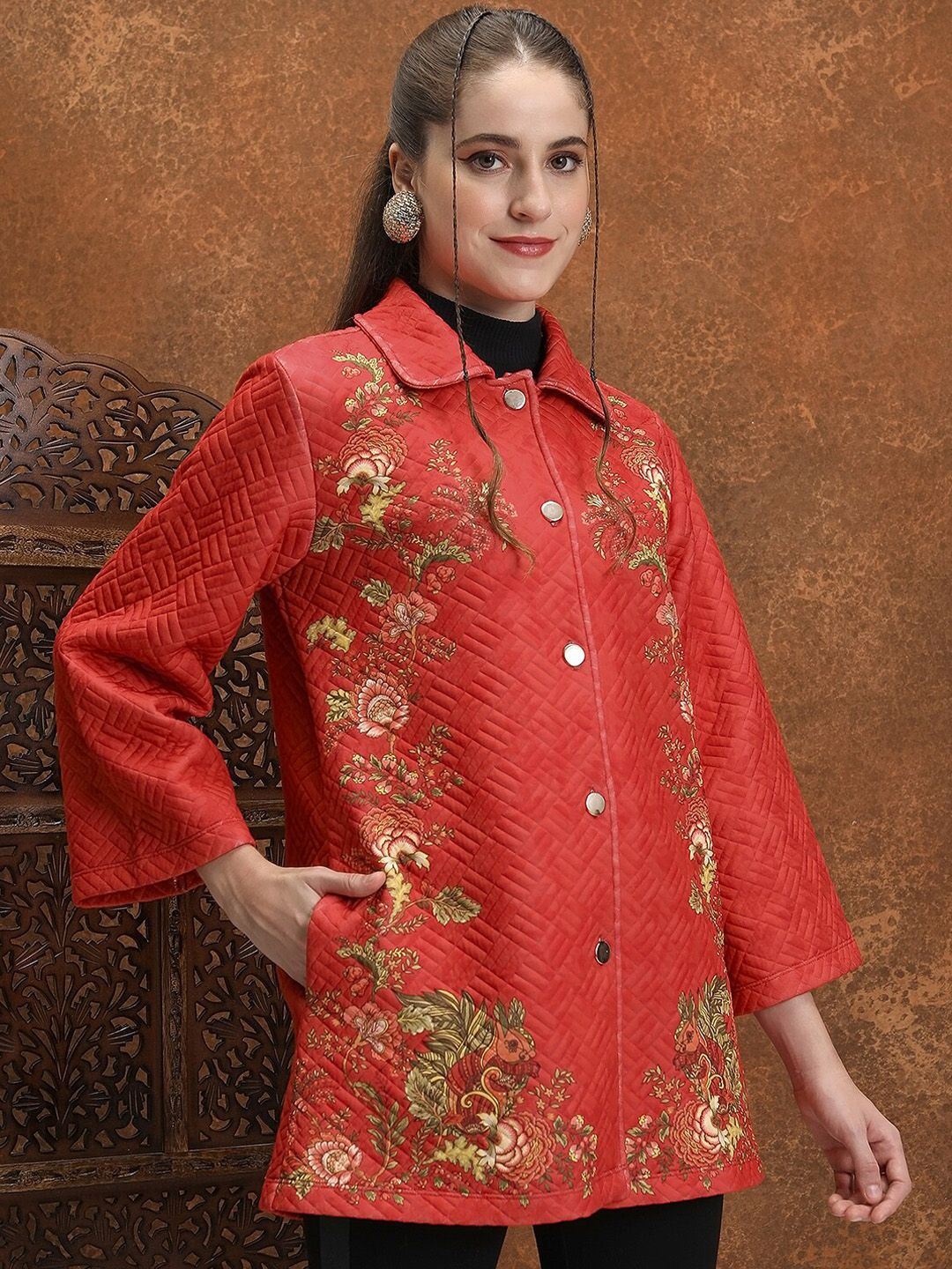Vishudh Floral Printed Spread Collar Longline Tailored Jacket