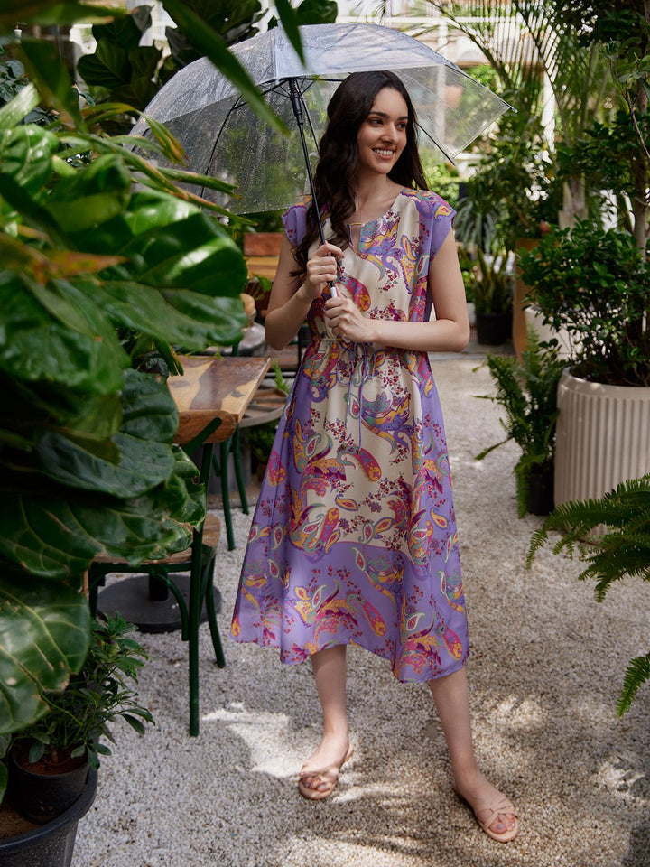 W Purple Ethnic Motifs Printed Tie Up Ruched A-Line Midi Dress