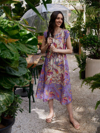 W Purple Ethnic Motifs Printed Tie Up Ruched A-Line Midi Dress