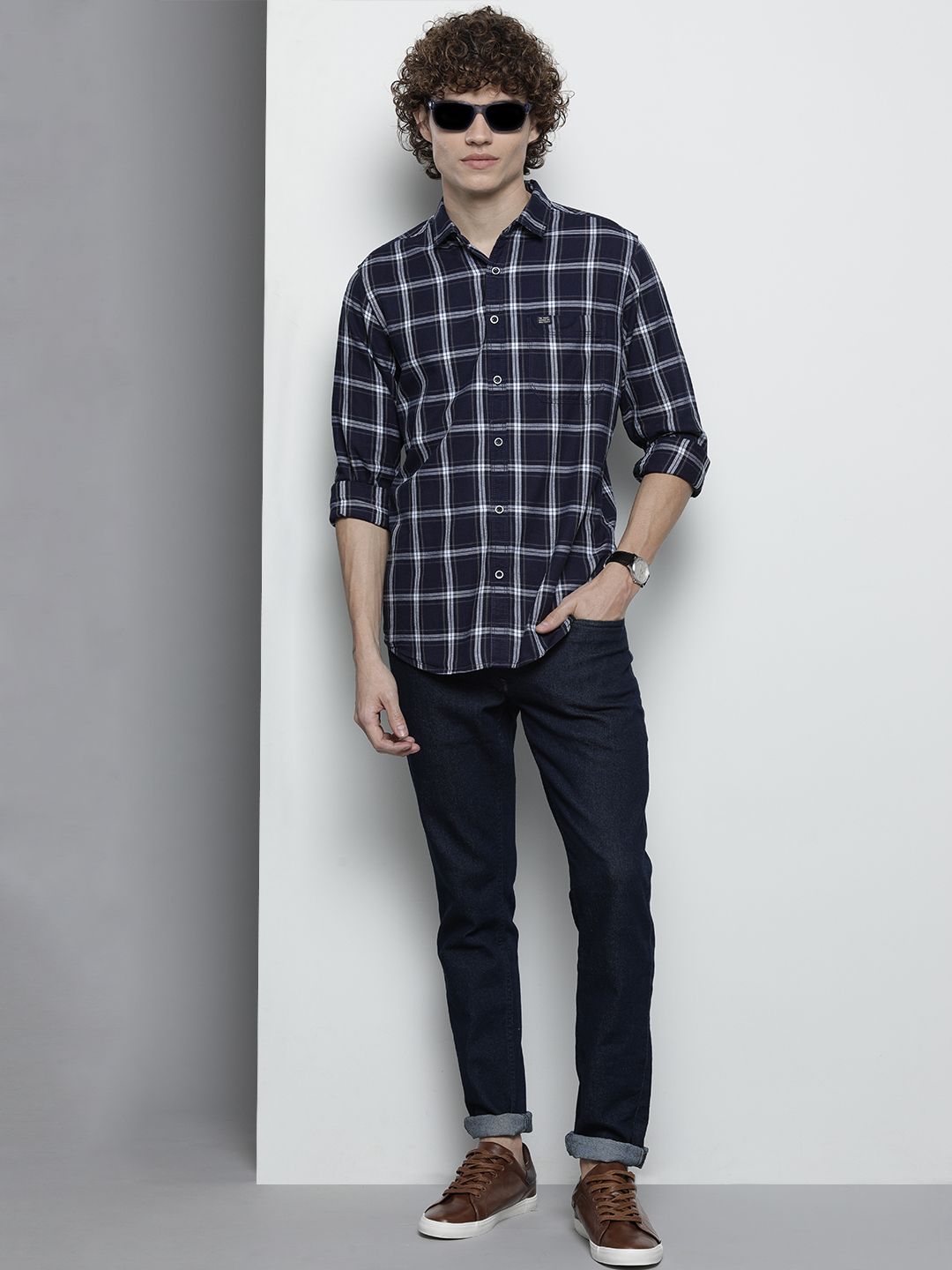 The Indian Garage Co Men Navy Blue Checked Casual Shirt