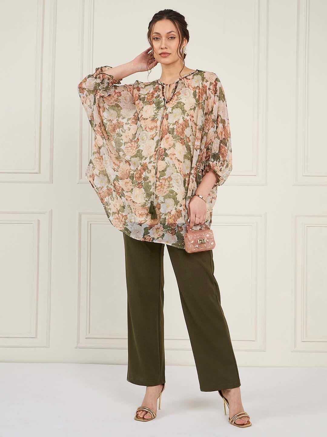 Antheaa Off White Floral Printed Tie Up Puff Sleeves Sequined Tunic With Trouser