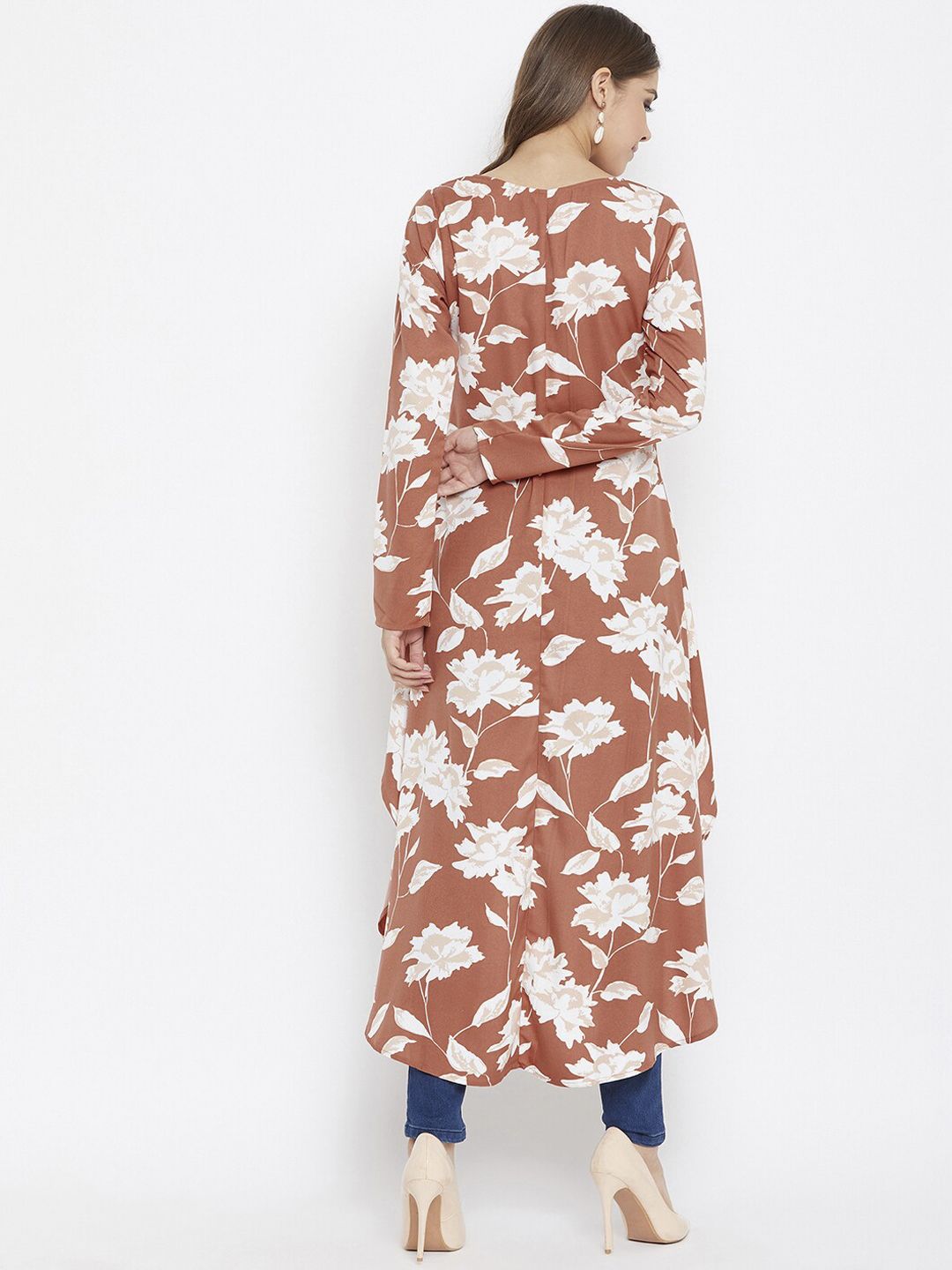Berrylush Brown & White Floral Printed Crepe High-Low Longline Top