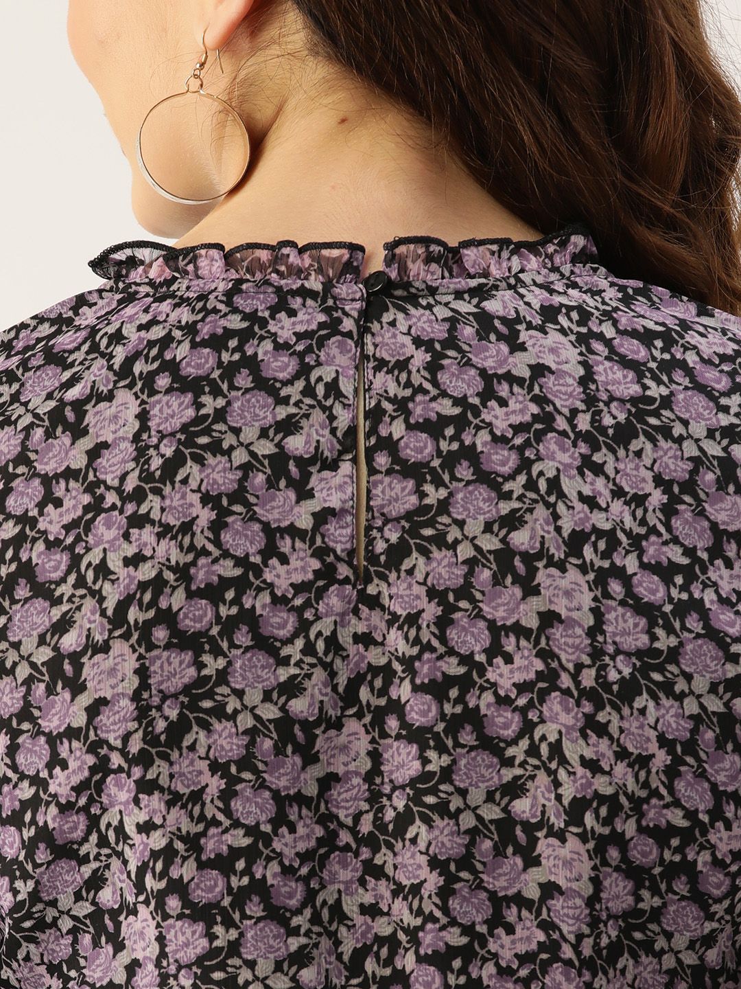 Antheaa Women Black & Lavender Floral Print Bishop Sleeves Peplum Top