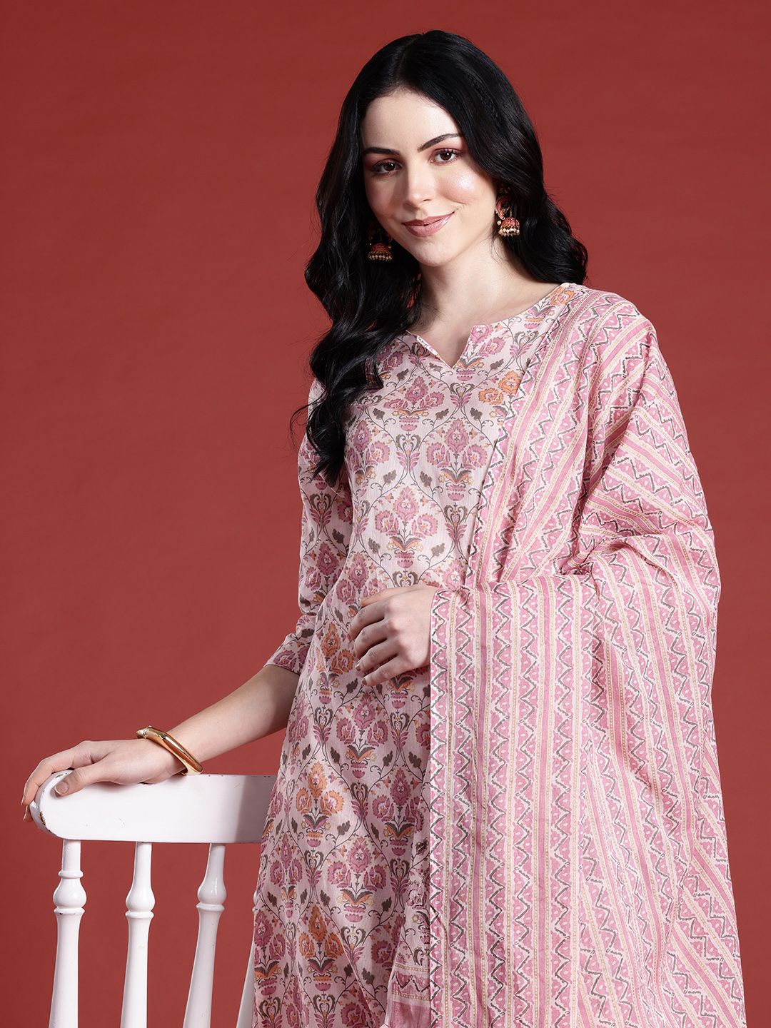 Anouk Ethnic Motifs Printed Pure Cotton Kurta with Trousers & With Dupatta