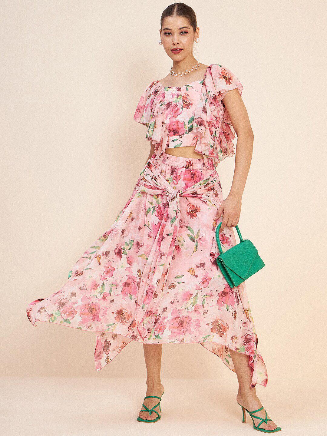 Antheaa Floral Printed Ruffled Crop Top & Skirt