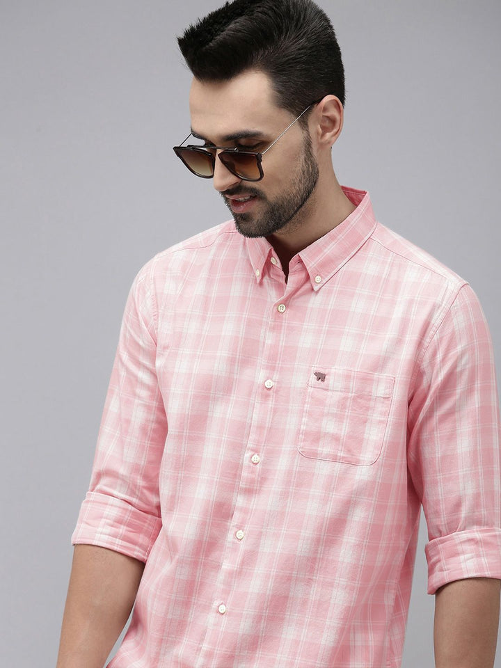 THE BEAR HOUSE Men Pink Slim Fit Tartan Checks Checked Casual Shirt