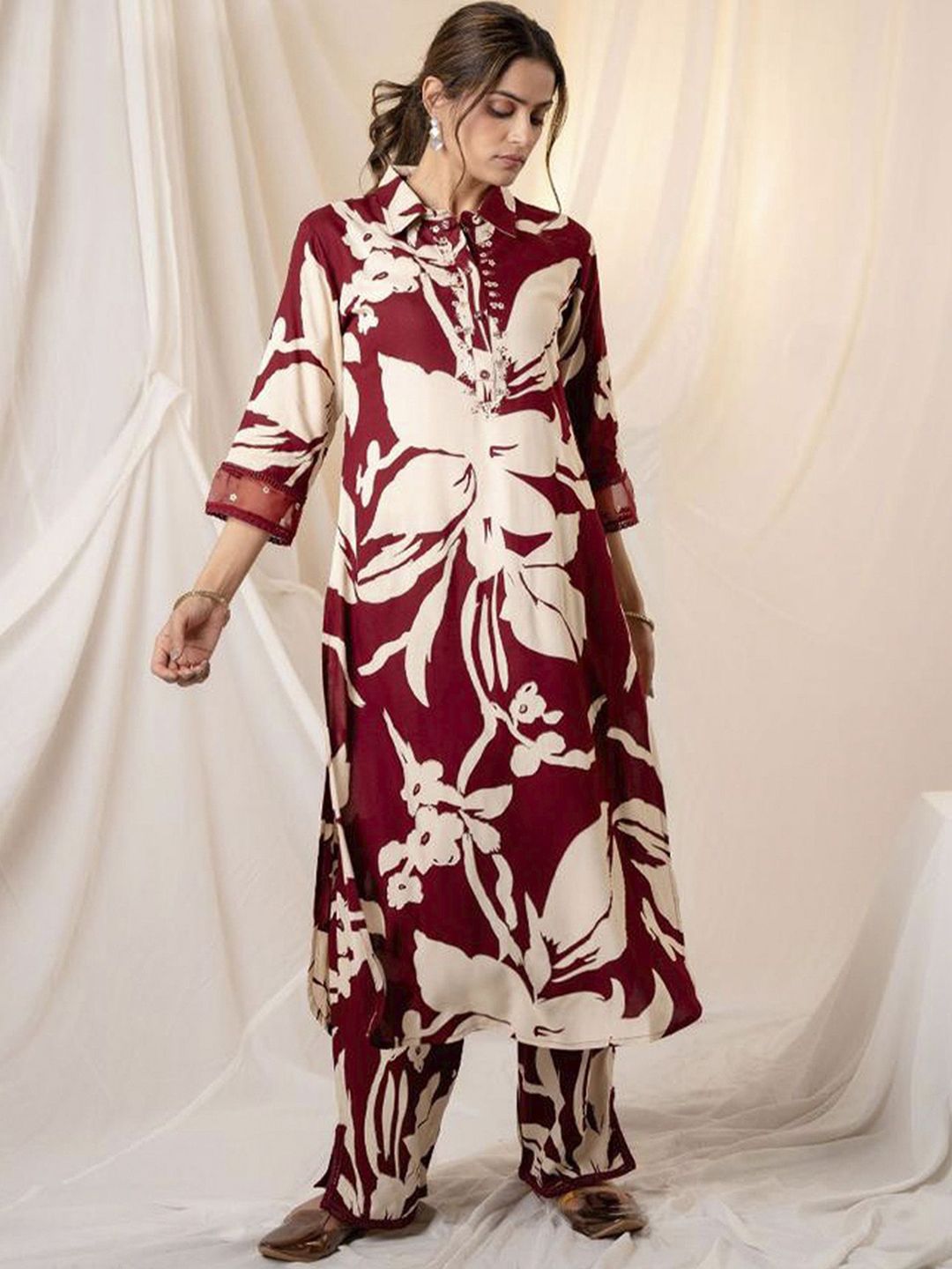 Indo Era Floral Printed Shirt Collar Sequinned Kurta with Trousers