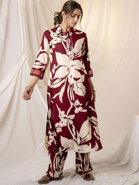 Indo Era Floral Printed Shirt Collar Sequinned Kurta with Trousers