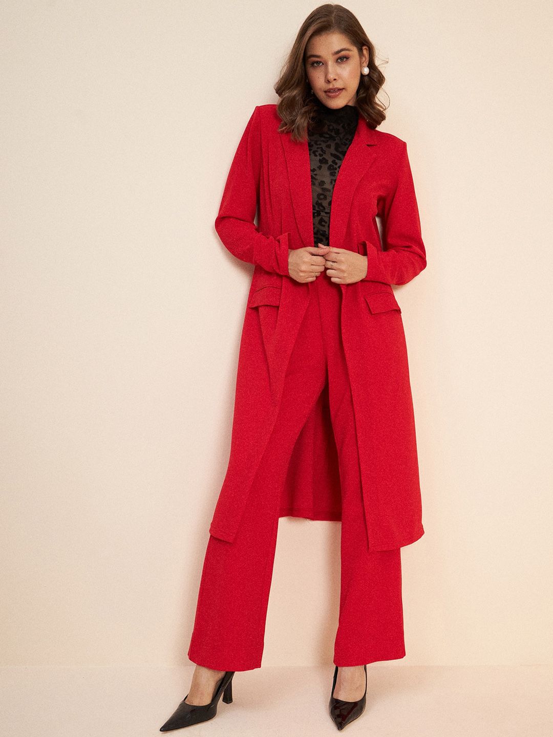 Antheaa Red Shawl Neck Long Line Coat & Trousers Co-Ords Set