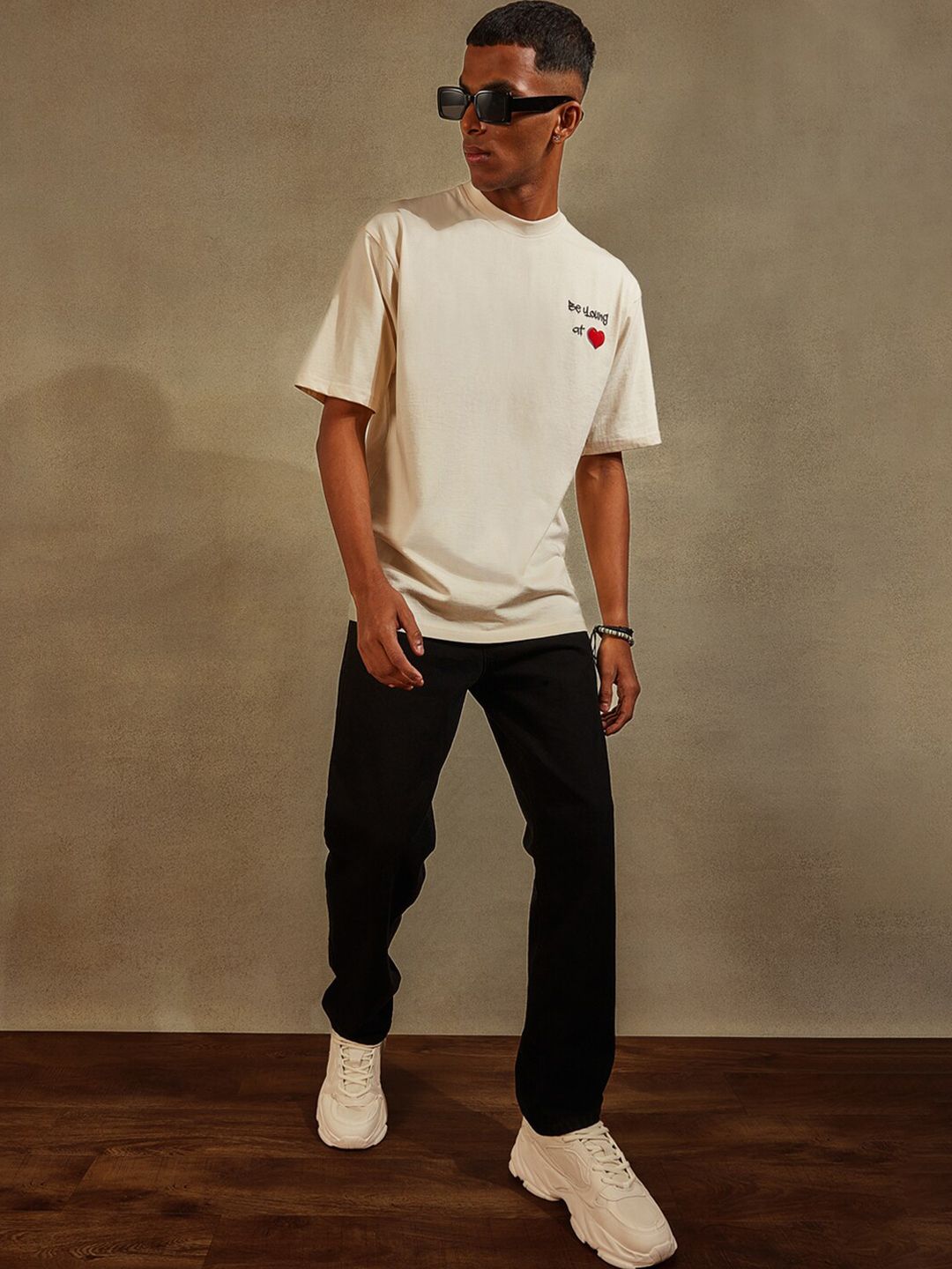 Powerlook Cream-Color Graphic Printed Oversized Pure Cotton T-shirt