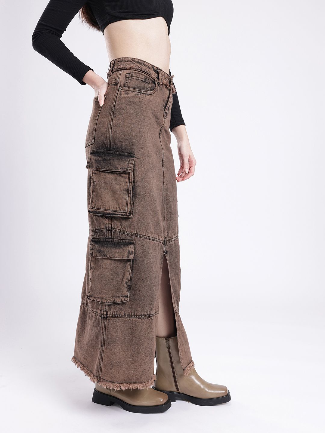 DressBerry Women Urban Dope Cargo Style Front Slit Straight Maxi Skirt