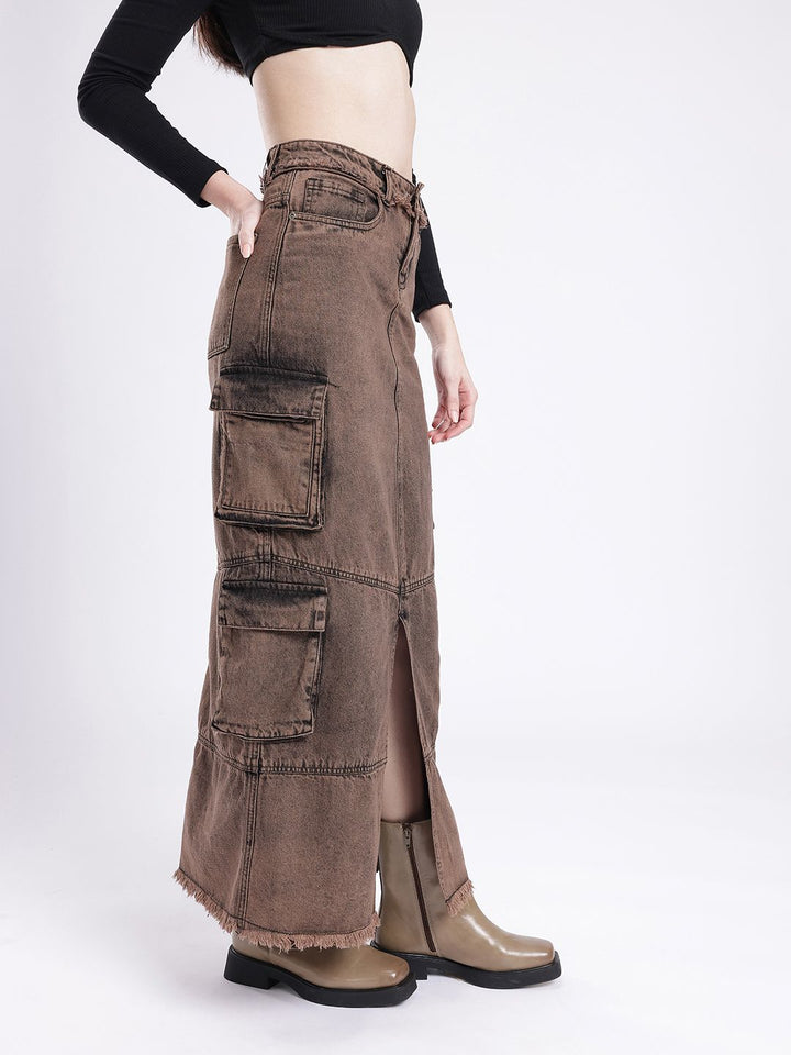DressBerry Women Urban Dope Cargo Style Front Slit Straight Maxi Skirt