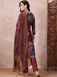 KALINI Floral Printed Thread Work V-Neck Straight Kurta with Trouser And Dupatta