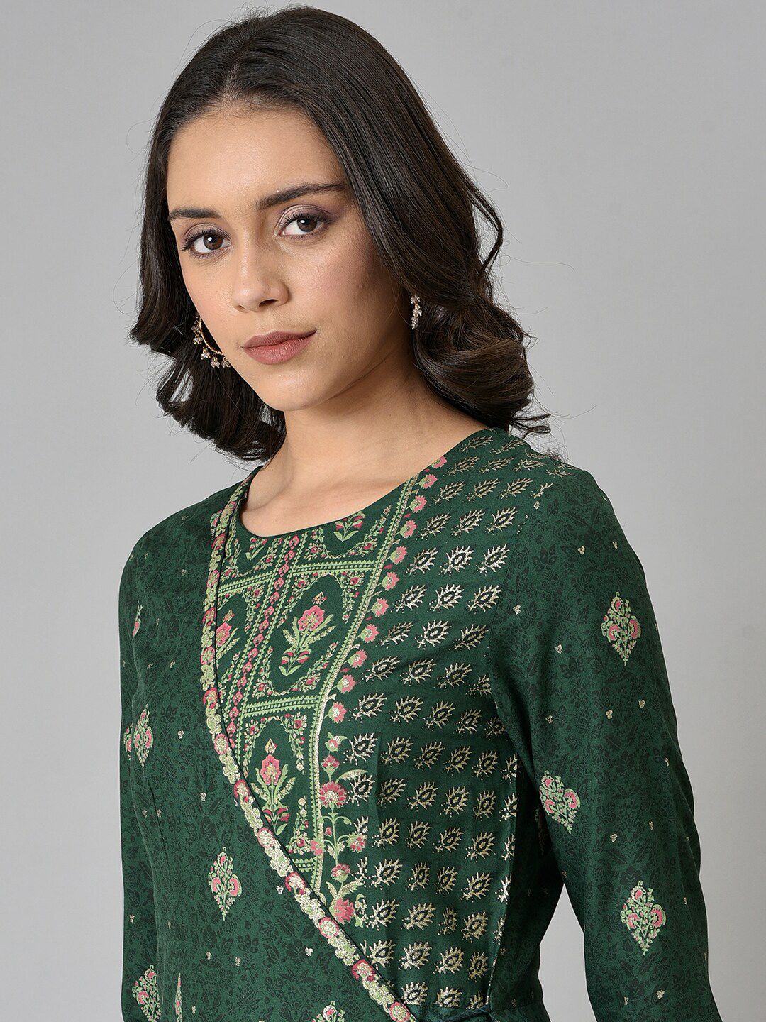 W Women Green Glitter Printed Angrakha Jumpsuit