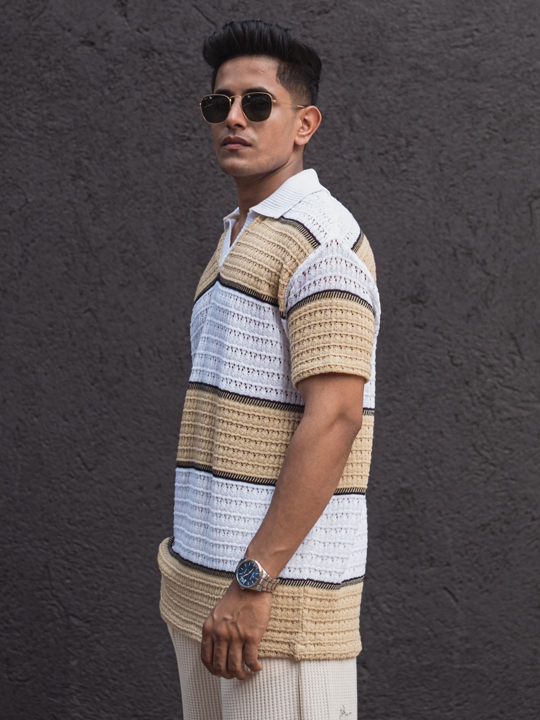 Powerlook Men Striped Polo Collar Pockets T-shirt