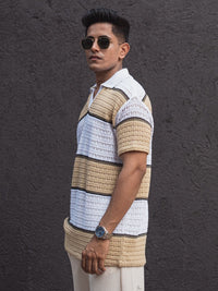 Powerlook Men Striped Polo Collar Pockets T-shirt