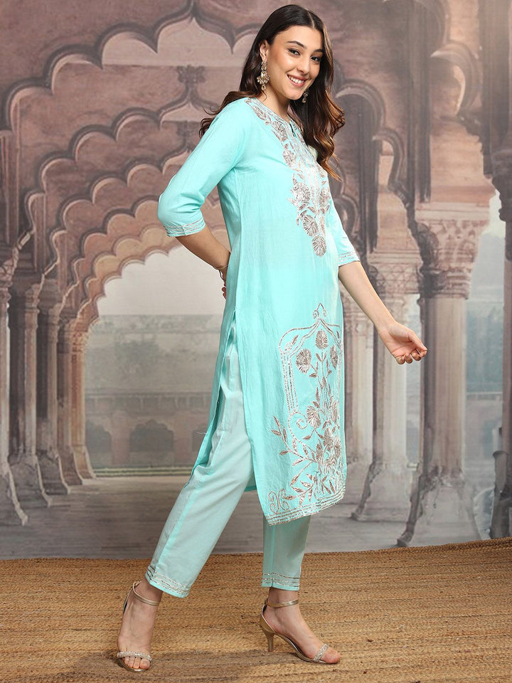 Vishudh Turquoise Blue Notch Neck Floral Embroidered Pure Cotton Straight Kurta Set