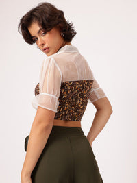 DressBerry Chic-Contrast Printed Shirt Style Net Detail Crop Top