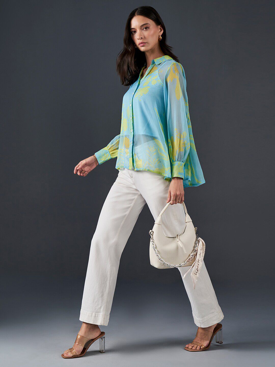 AND Abstract Printed Cuffed Sleeves Shirt Collar Style Top