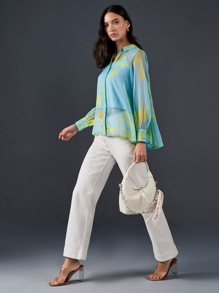 AND Abstract Printed Cuffed Sleeves Shirt Collar Style Top