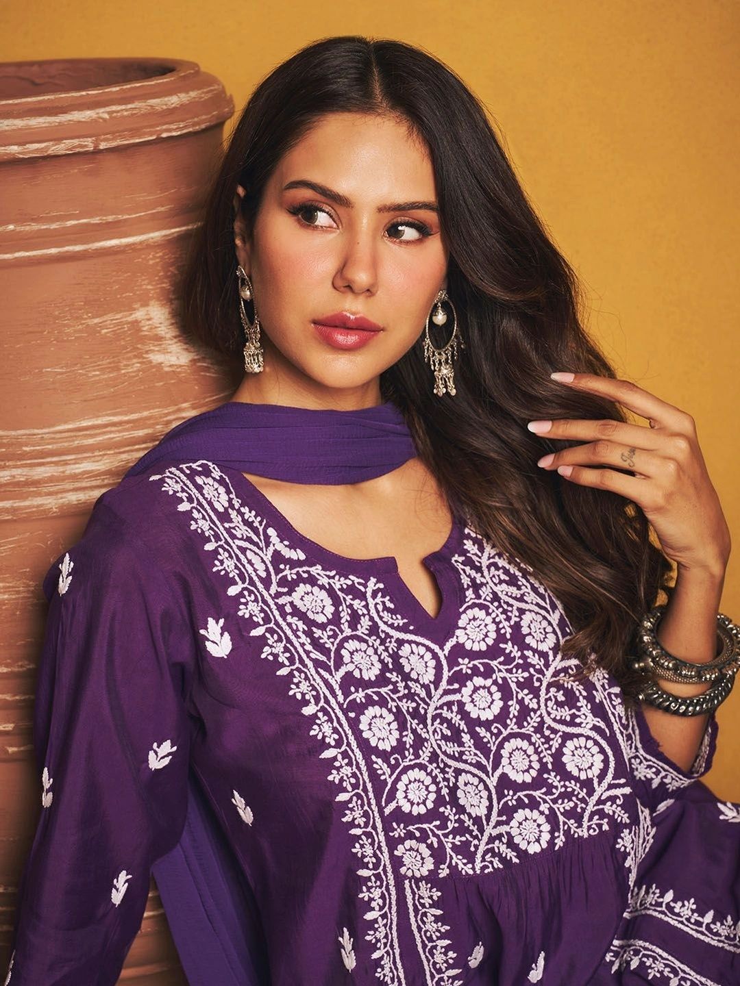 House of Chikankari Sonam Purple Chanderi Set Kurta Chikankari Dengan Dupatta