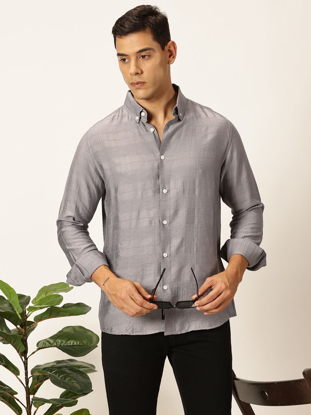 Thomas Scott Men Premium Button-Down Collar Tartan Checked Cotton Slim Fit Casual Shirt