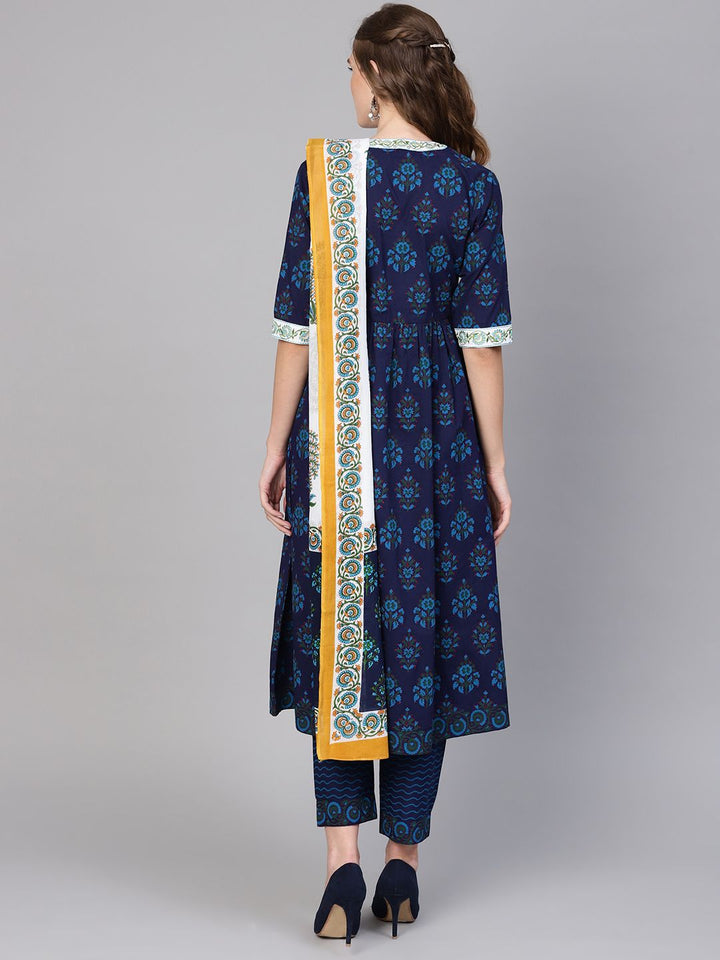 Libas Women Blue & Green Block Print Kurta with Trousers & Dupatta