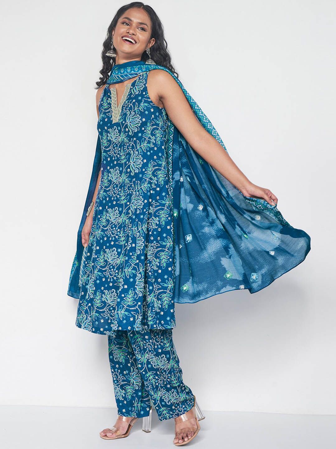 Global Desi V-Neck Floral Printed A-Line Kurta with Trouser & Dupatta
