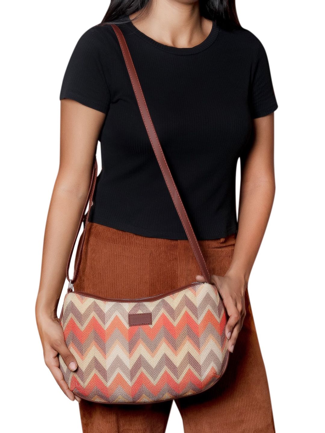 ZOUK Orange Geometric Half Moon Sling Bag with Cut Work