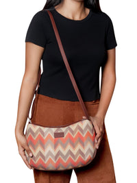 ZOUK Orange Geometric Half Moon Sling Bag with Cut Work