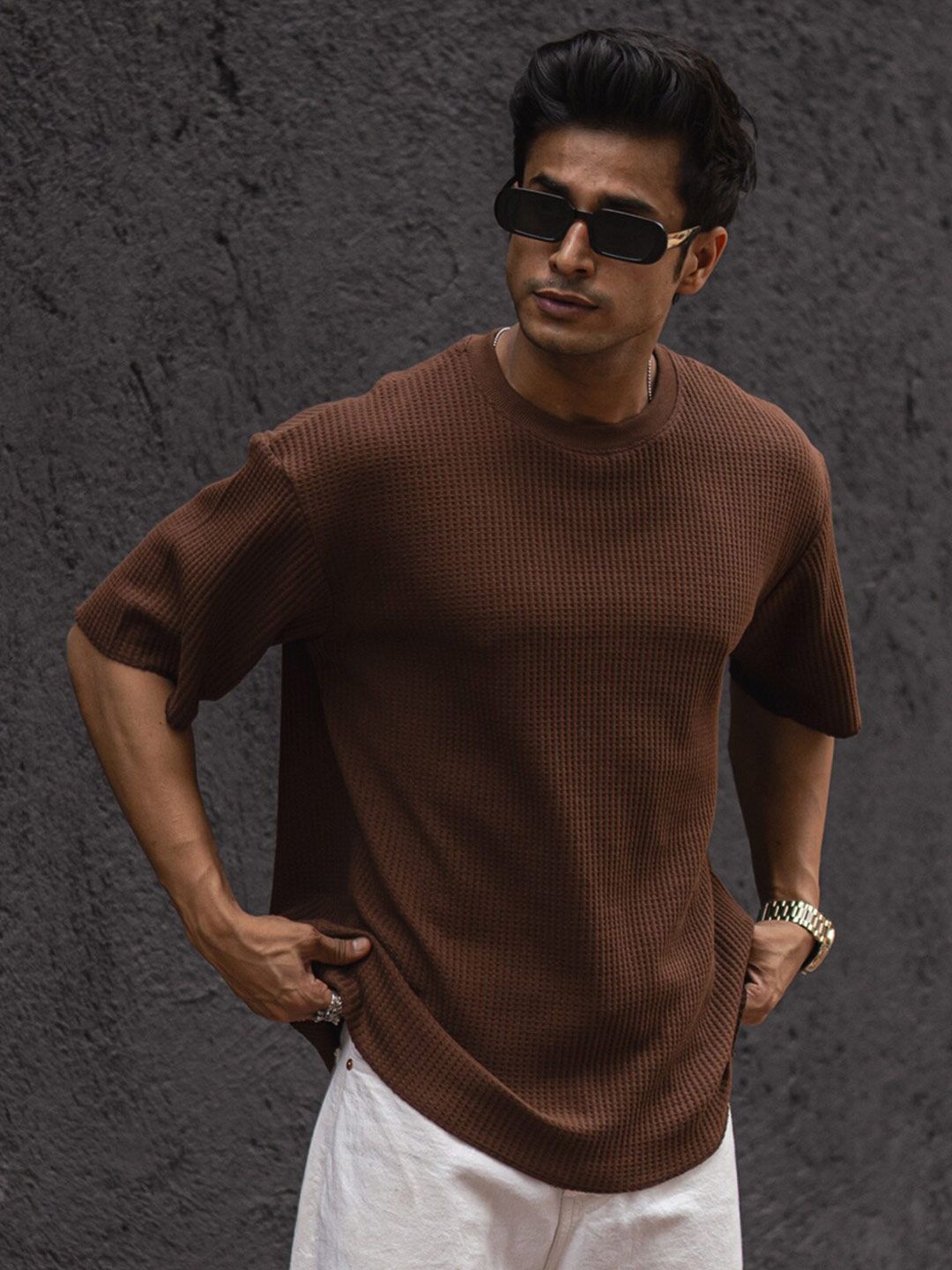 Powerlook Self Design Round Neck Drop-Shoulder Sleeves Oversized T-shirt
