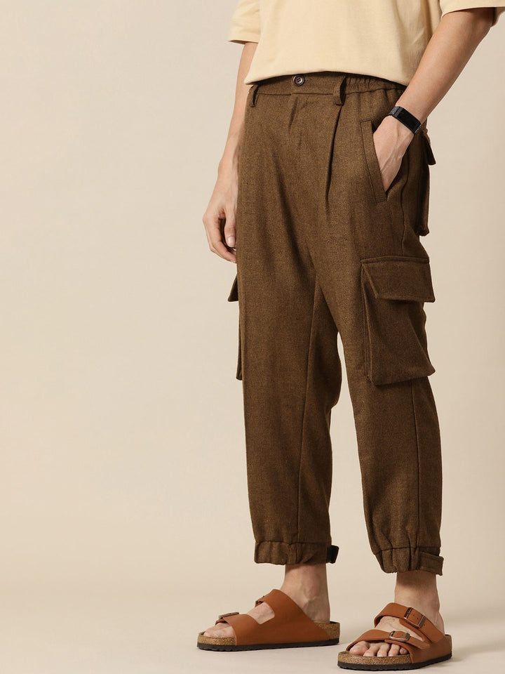 Mr Bowerbird Men Solid Tweed Pleated Cargos Trousers