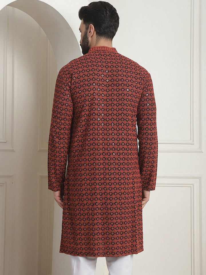 SOJANYA Kolar Mandarin Sulam Geometrik Lengan Panjang Kurta Lurus