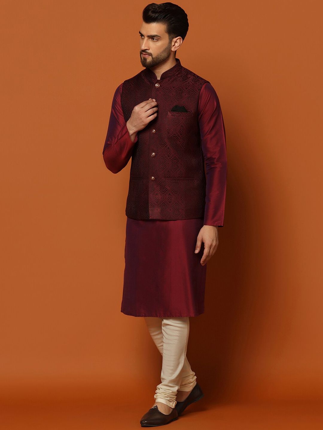 KISAH Mandarin Collar Regular Kurta with Churidar & Woven Design Nehru Jacket
