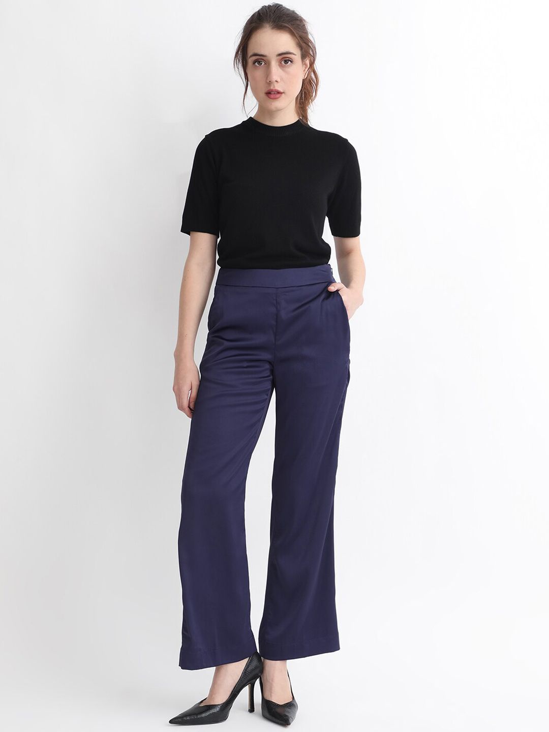 RAREISM Women Slim Fit High-Rise Plain Satin Parallel Trousers