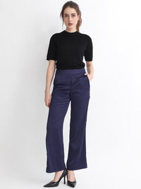 RAREISM Women Slim Fit High-Rise Plain Satin Parallel Trousers