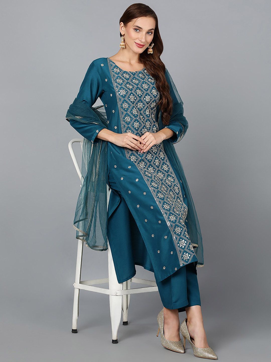 KALINI Ethnic Motifs Sequinned Embroidered Straight Kurta With Trousers & Dupatta