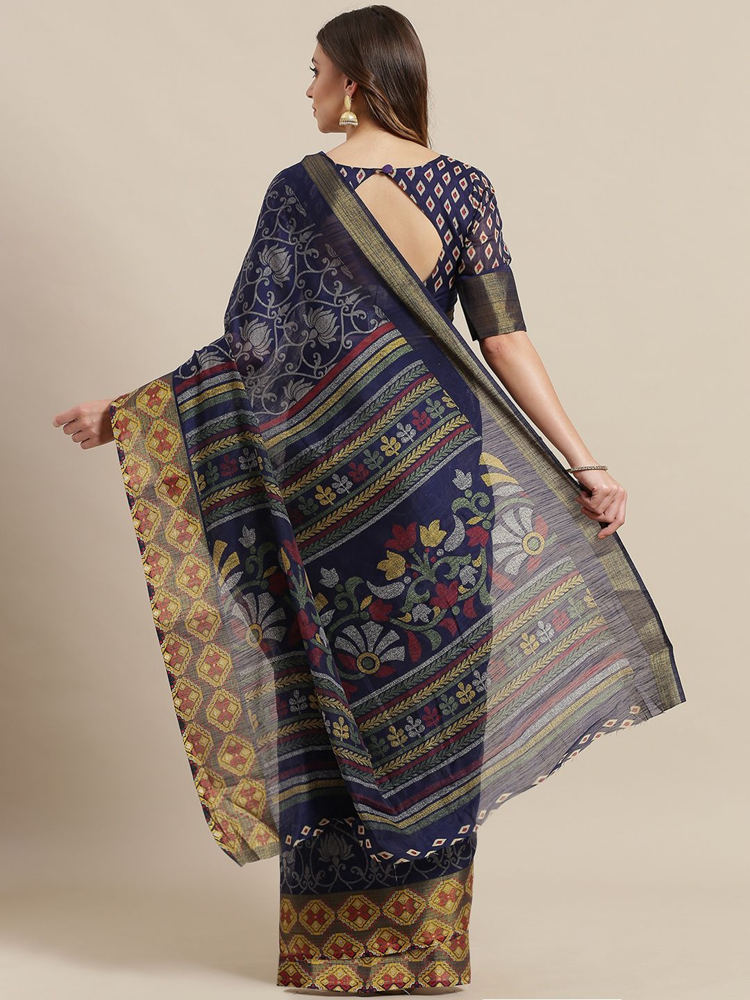 Saree mall Navy Blue & Grey Brasso Woven Design Saree
