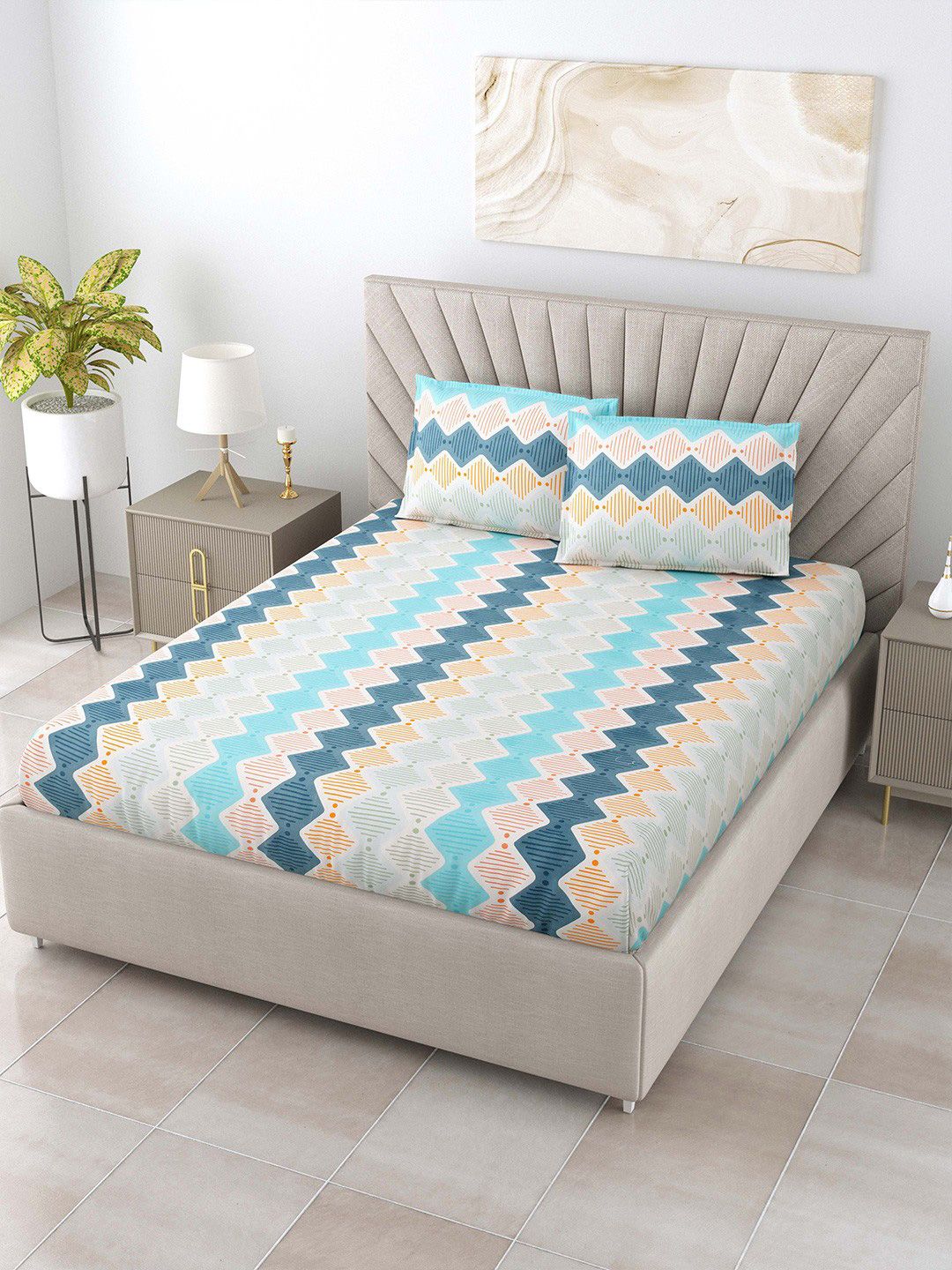 BOMBAY DYEING Multicoloured 144 TC Queen Bedsheet with 2 Pillow Covers
