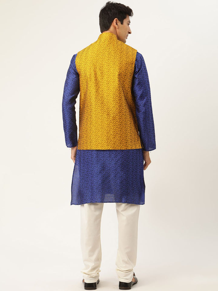 SOJANYA Men Blue Self Design Jacquard Silk Kurta with Churidar & Nehru Jacket